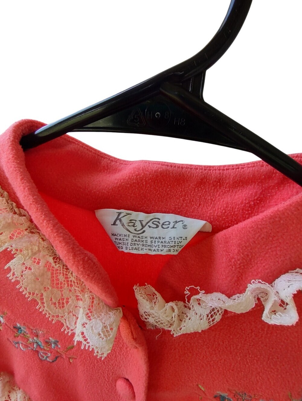 Vintage Coral Button-Front Embroidered Robe with Ruffle Trim - Picture 3 of 6